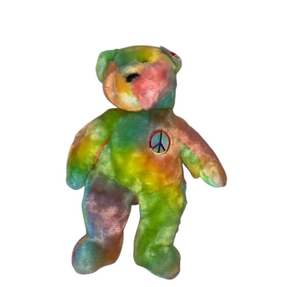 Ty Beanie Buddies Collection Peace Bear Plush 1999 14” Tie Dye Smoke-Free Home - Picture 11 of 13